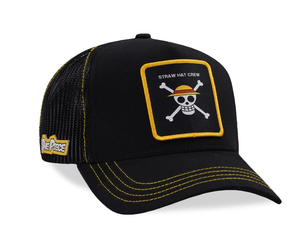 Capslab One Piece Straw Hat Crew Flag Black Trucker Snapback Cap