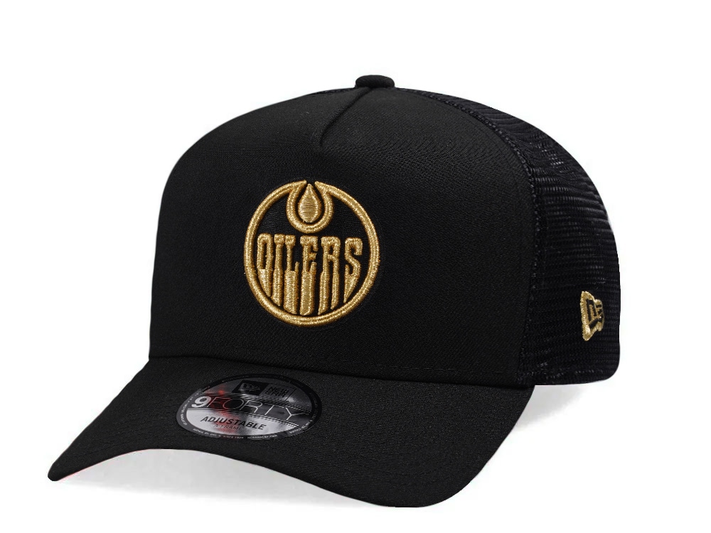 New Era Edmonton Oilers Metallic Gold Black Edition 9Forty A Frame Trucker Snapback Cap