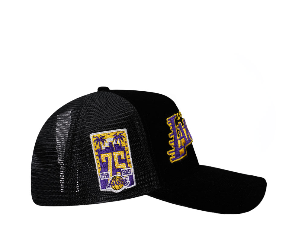 New Era Los Angeles Lakers 75th Anniversary Black Velvet 9Forty A Frame Trucker Snapback Cap