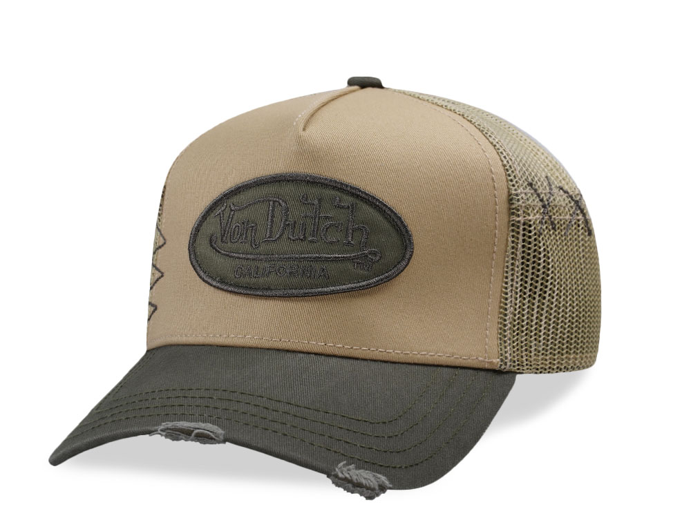 Von Dutch Oval Patch Beige Olive Trucker Snapback Cap